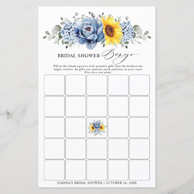 Sonnenblume Dusty Blue Slate Brautparty Bingo (Vorderseite)