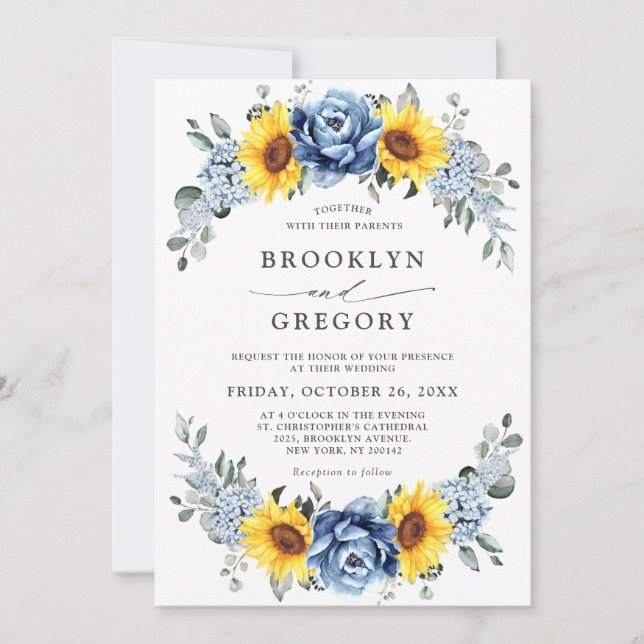 Sonnenblume Dusty Blue Slate Peony Floral Wedding Einladung (Vorderseite)