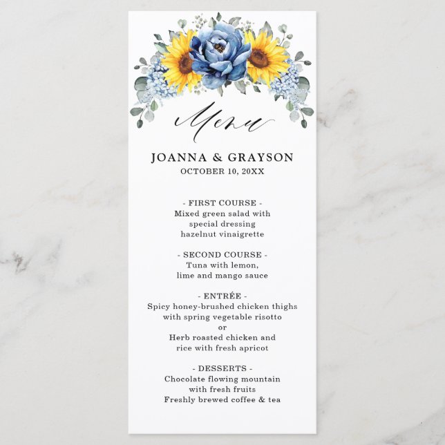 Sonnenblume Dusty Blue Slate Peony Floral Wedding Menükarte (Vorderseite)