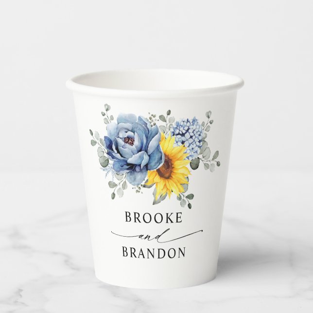 Sonnenblume Dusty Blue Slate Peony Floral Wedding Pappbecher (Vorderseite)