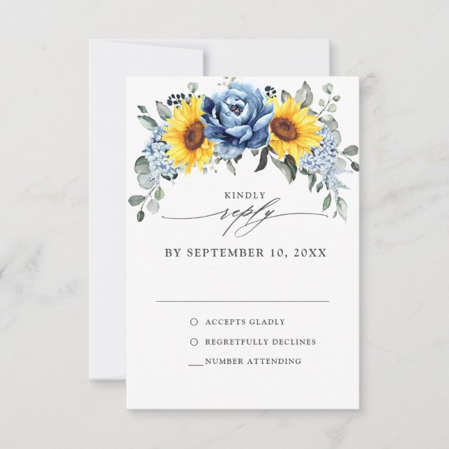 Sonnenblume Dusty Blue Slate Peony Floral Wedding RSVP Karte (Vorderseite)