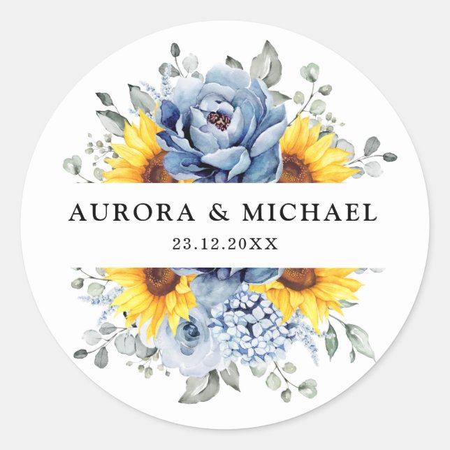 Sonnenblume Dusty Blue Slate Peony Floral Wedding Runder Aufkleber (Vorderseite)