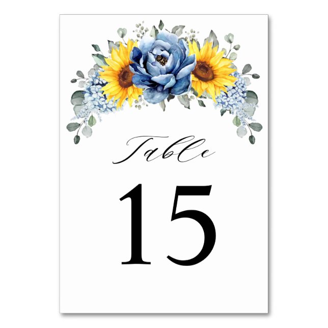 Sonnenblume Dusty Blue Slate Peony Floral Wedding Tischnummer (Vorderseite)
