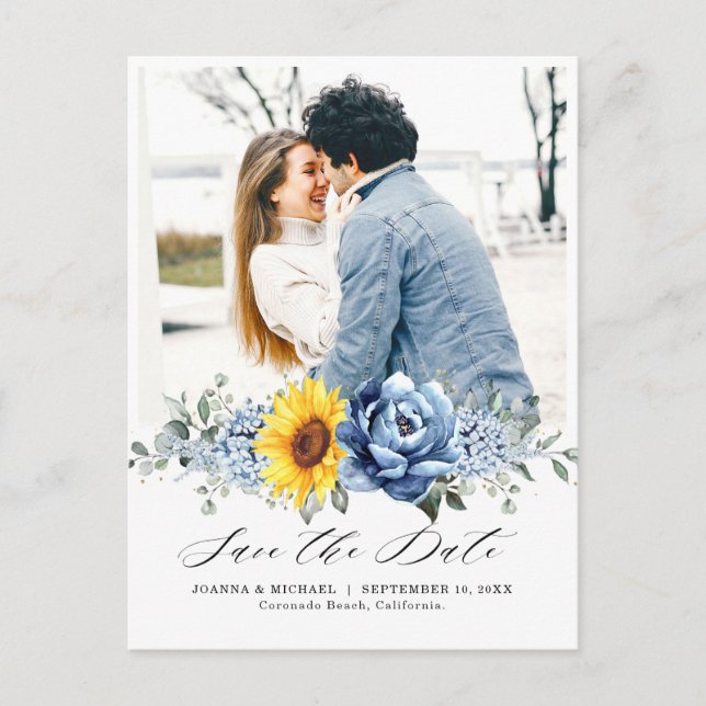 Sonnenblume Dusty Blue Slate Peony Save the Date Postkarte (Vorderseite)
