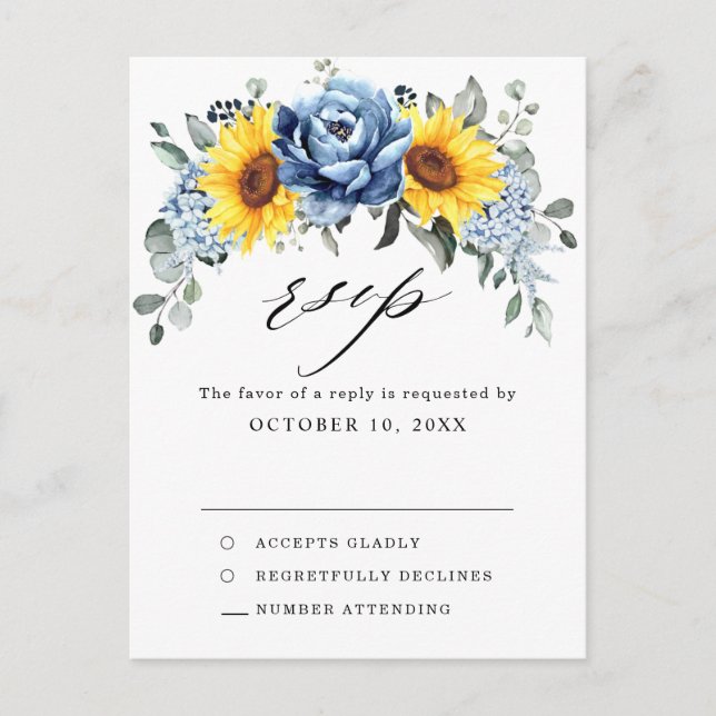 Sonnenblume Dusty Blue Slate Peony Wedding RSVP Postkarte (Vorderseite)