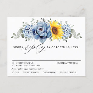 Sonnenblume Dusty Blue Slate Peony Wedding RSVP Postkarte