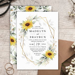 Sonnenblume Elegante Rustic Geometric Gold Hochzei Einladung<br><div class="desc">Das Design zeichnet sich durch Aquarellgrün,  Sonnenblumen,  bedruckte Goldelemente und luftige botanische Blätter über einen geometrisch bedruckten goldfarbenen Rahmen aus. Die Rückseite ist mit einem passenden Grün und Sonnenblumenkranz versehen.</div>