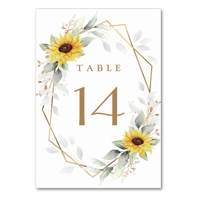 Sonnenblume Elegante Rustic Geometric Gold Hochzei Tischnummer (Vorderseite)
