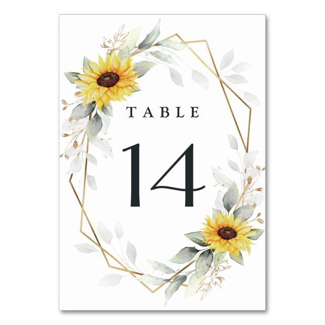 Sonnenblume Elegante Rustic Geometric Gold Hochzei Tischnummer (Vorderseite)