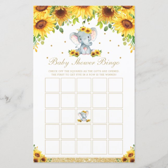 Sonnenblume Elephant Baby Dusche Bingo Spiel (Vorderseite)