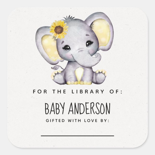Sonnenblume Elephant Baby Dusche Buchzeichen Quadratischer Aufkleber (Vorderseite)