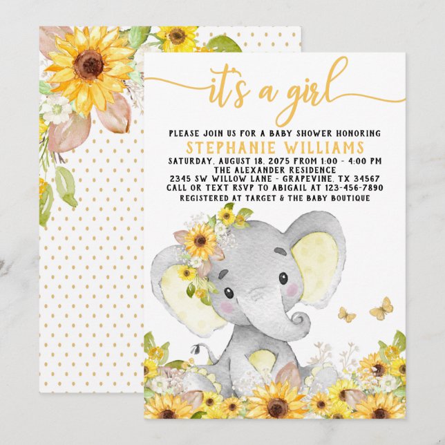 Sonnenblume Elephant Baby Dusche Einladung (Vorne/Hinten)