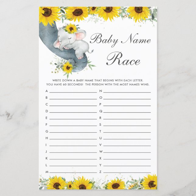 Sonnenblume Elephant Baby Dusche Name Race Game (Vorderseite)