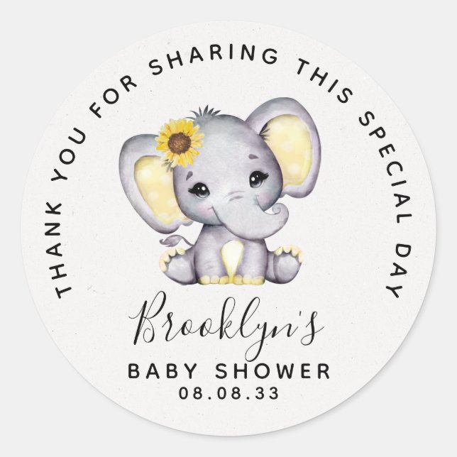 Sonnenblume Elephant Baby Dusche Vielen Dank Runder Aufkleber (Vorderseite)