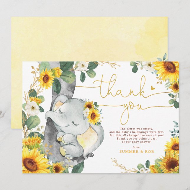 Sonnenblume Elephant Babydusche Danke Karte (Vorne/Hinten)