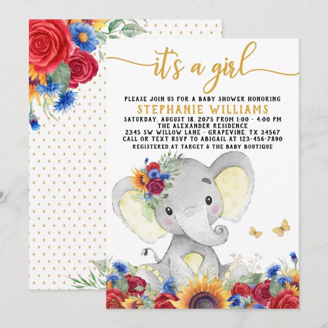 Sonnenblume Elephant Butterfly Dusche Einladung (Vorne/Hinten)