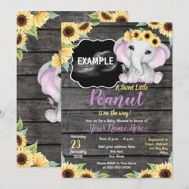 Sonnenblume Elephant Ultrasound Babydusche Lila Einladung (Vorne/Hinten)
