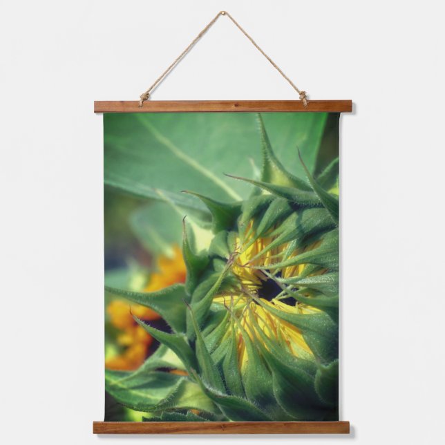 Sonnenblume entfaltet sich wandteppich mit holzrahmen (Vorderseite)
