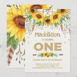 Sonnenblume-erster Geburtstag laden Boho Einladung