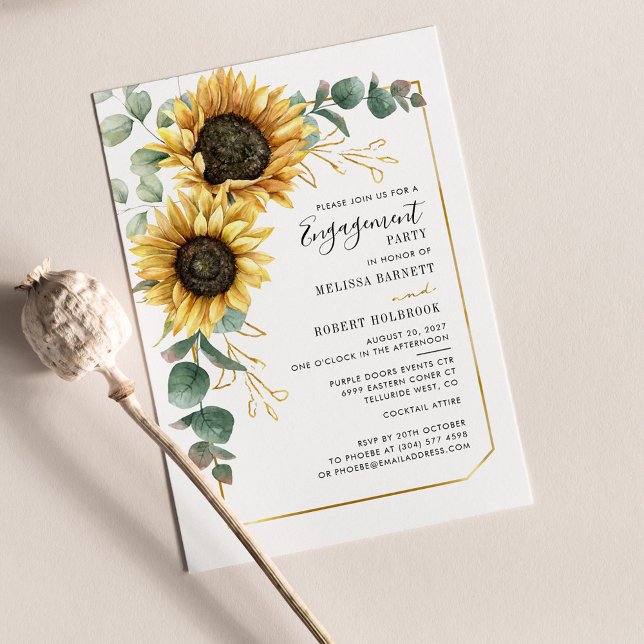 Sonnenblume Eucalyptus Gold Geometrische Verlobung Einladung (Floral Sunflower Eucalyptus Greenery Wedding Engagement Party Invitation)