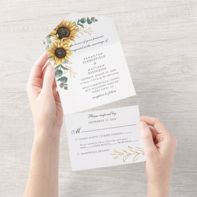 Sonnenblume Eukalyptus Grüne Hochzeit All In One Einladung (Abreißen)