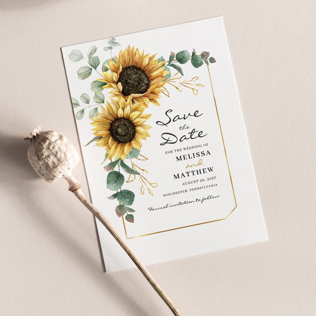 Sonnenblume Eukalyptus Grüne Save the Date Mitteilungskarte (Floral Save the Date Wedding Announcement)