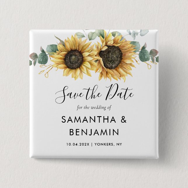 Sonnenblume Eukalyptus-SkriptWedding Save the Date Button (Vorderseite)