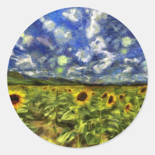 Sonnenblume-Feld Van Gogh Runder Aufkleber
