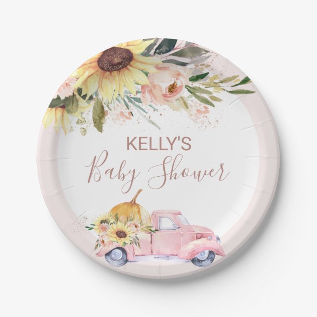 Sonnenblume Floral Pumpkin Truck Kinderdusche Pappteller (Vorderseite)