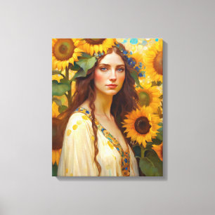 Sonnenblume Frau mit Wildblume Haar Kranz Leinwanddruck
