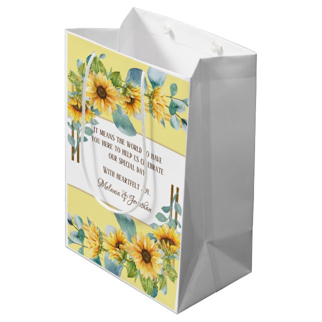 Sonnenblume Gastgeschenk Hochzeit oder Begrüßungsb Mittlere Geschenktüte (Rückseite Schrägansicht)