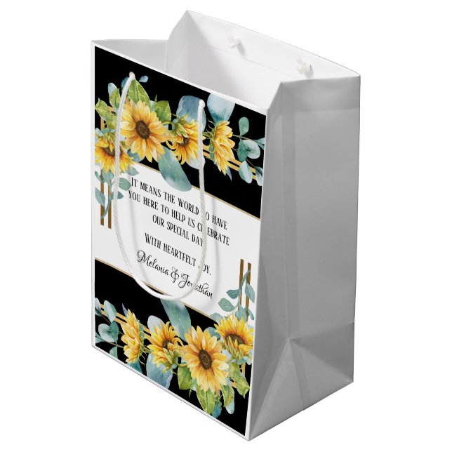 Sonnenblume Gastgeschenk Hochzeit oder Willkommens Mittlere Geschenktüte (Rückseite Schrägansicht)