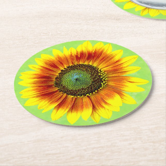 Sonnenblume, geblümt Gelb und Grün Blume Runder Pappuntersetzer (Angewinkelt)