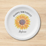 Sonnenblume Geburtstag Pappteller<br><div class="desc">Dieses Geburtstagspapier ist mit einer gelben Aquarellsonnenblume und Happy Birthday dekoriert. Einfach anpassbar. Original Wasserfarbe © Michele Davies.</div>