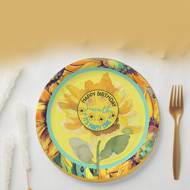 Sonnenblume Geburtstagskind Gelbschwarz Pappteller (Sunflower Birthday Girl Yellow Black Paper Plates)