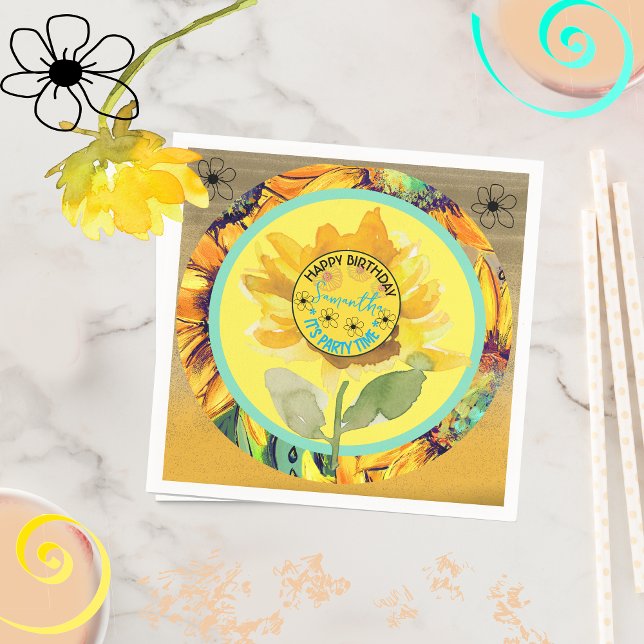 Sonnenblume Geburtstagskind Gelbschwarz Serviette (Sunflower Birthday Girl Yellow Black Napkins)