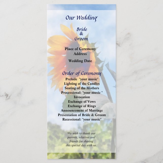 Sonnenblume gegen den Himmel Hochzeitsprogramm Programm (Vorderseite)