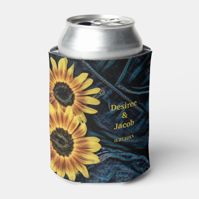 Sonnenblume Gelb Rustikale Denim Blue Jeans Hochze Dosenkühler (Kanne Vorderseite)