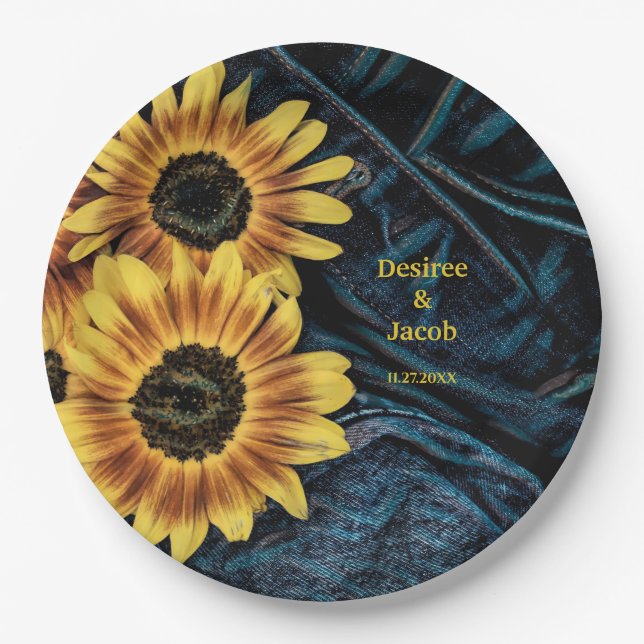 Sonnenblume Gelb Rustikale Denim Blue Jeans Hochze Pappteller (Vorderseite)