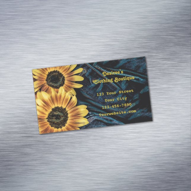 Sonnenblume Gelb Rustikale Denim Blue Jeans Magnetische Visitenkarte (Beispiel)