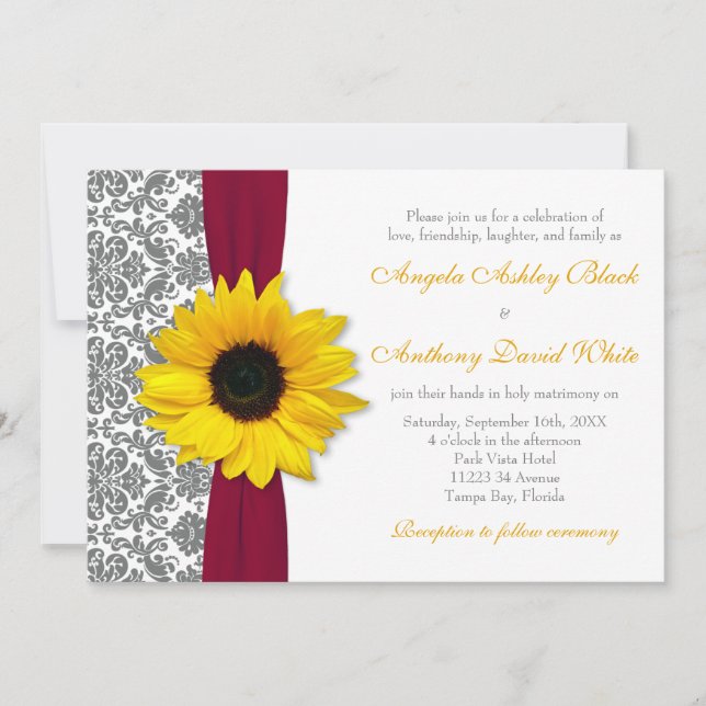 Sonnenblume Gelbe Zinnente Grau Damask Red Wedding Einladung (Vorderseite)