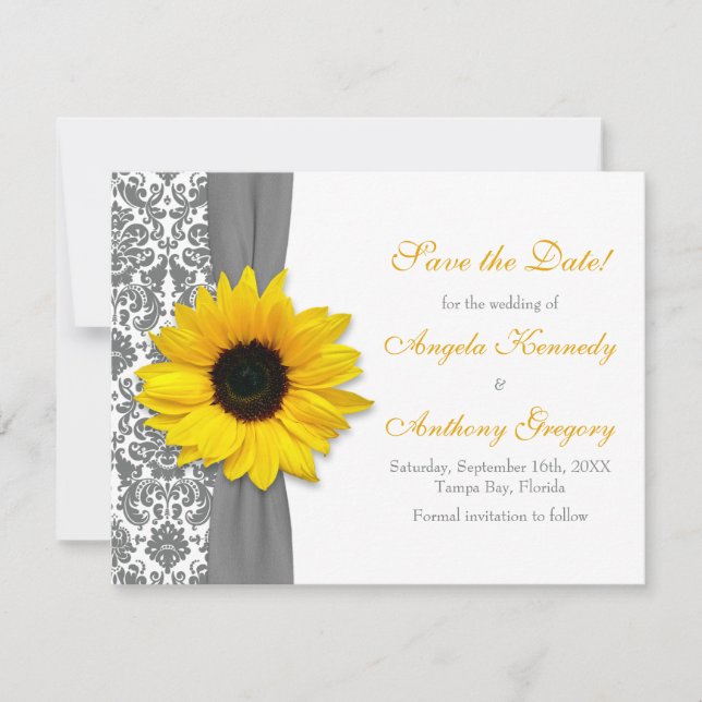 Sonnenblume Gelbgraue Damaske Hochzeit Save the Da Einladung (Vorderseite)