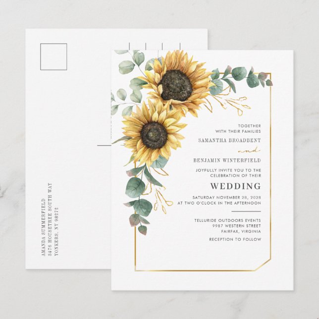 Sonnenblume Geometric Eukalyptus Floral Wedding Einladungspostkarte (Vorne/Hinten)