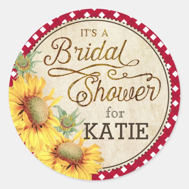 Sonnenblume Gingham Karo Rustikales Brautparty Lab Runder Aufkleber (Vorderseite)
