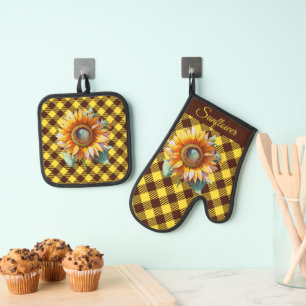 "Sonnenblume"  Gingham Ofenhandschuh & Topflappen-Set