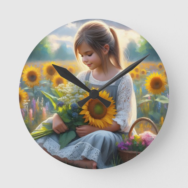 Sonnenblume Girl Runde Wanduhr (Vorderseite)