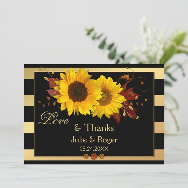 Sonnenblume Gold Streifen Foto Hochzeit Dankeschön Dankeskarte (Stehend Vorderseite)