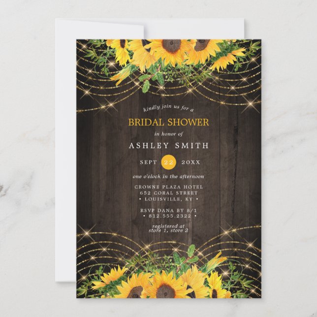 Sonnenblume Gold String Lights Rustikales Brautpar Einladung (Vorderseite)