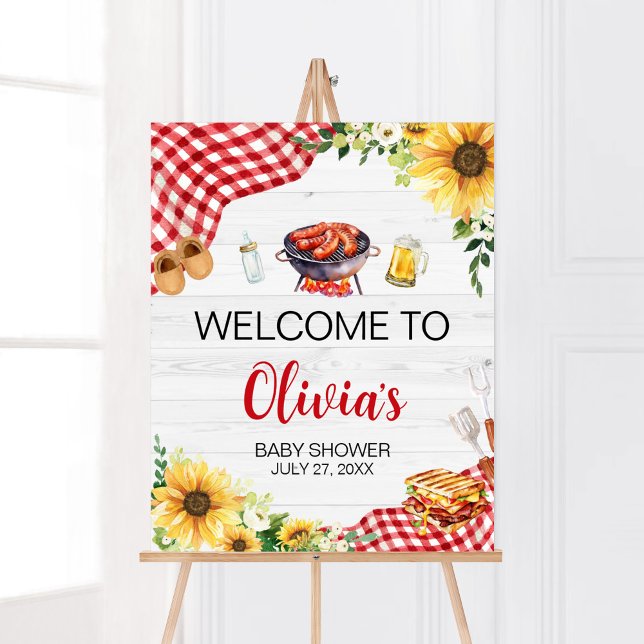 Sonnenblume GRILLEN Baby Dusche Willkommen Poster (Backyard Picnic Baby Shower Welcome Sign)
