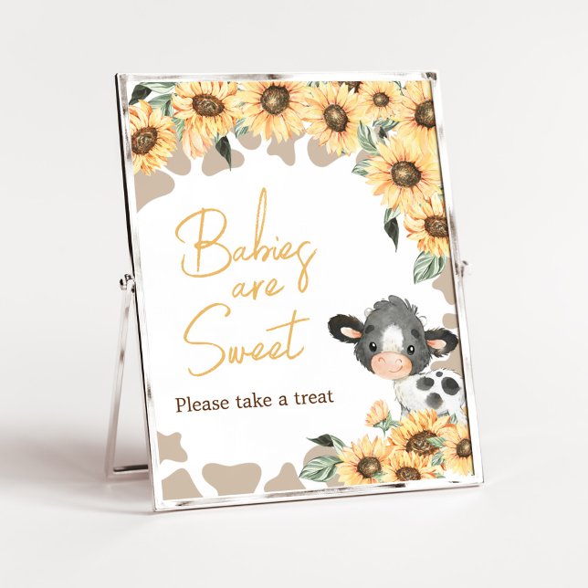 Sonnenblume Heilige Kuh Babydusche Babys sind süß Poster (Summer Highland Cow Baby Shower Babies are Sweet Sign)